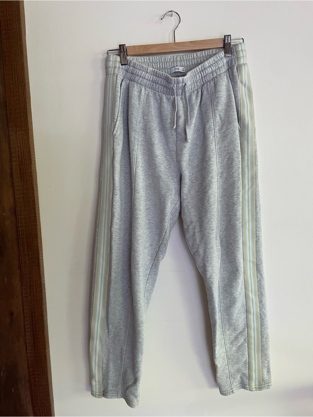 TNA Light Gray Joggers with Pale Green Side Stripes
